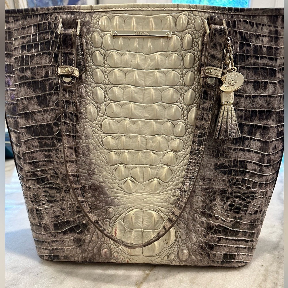 Brahmin Gray and Cream Croc-Embossed Leather Tote